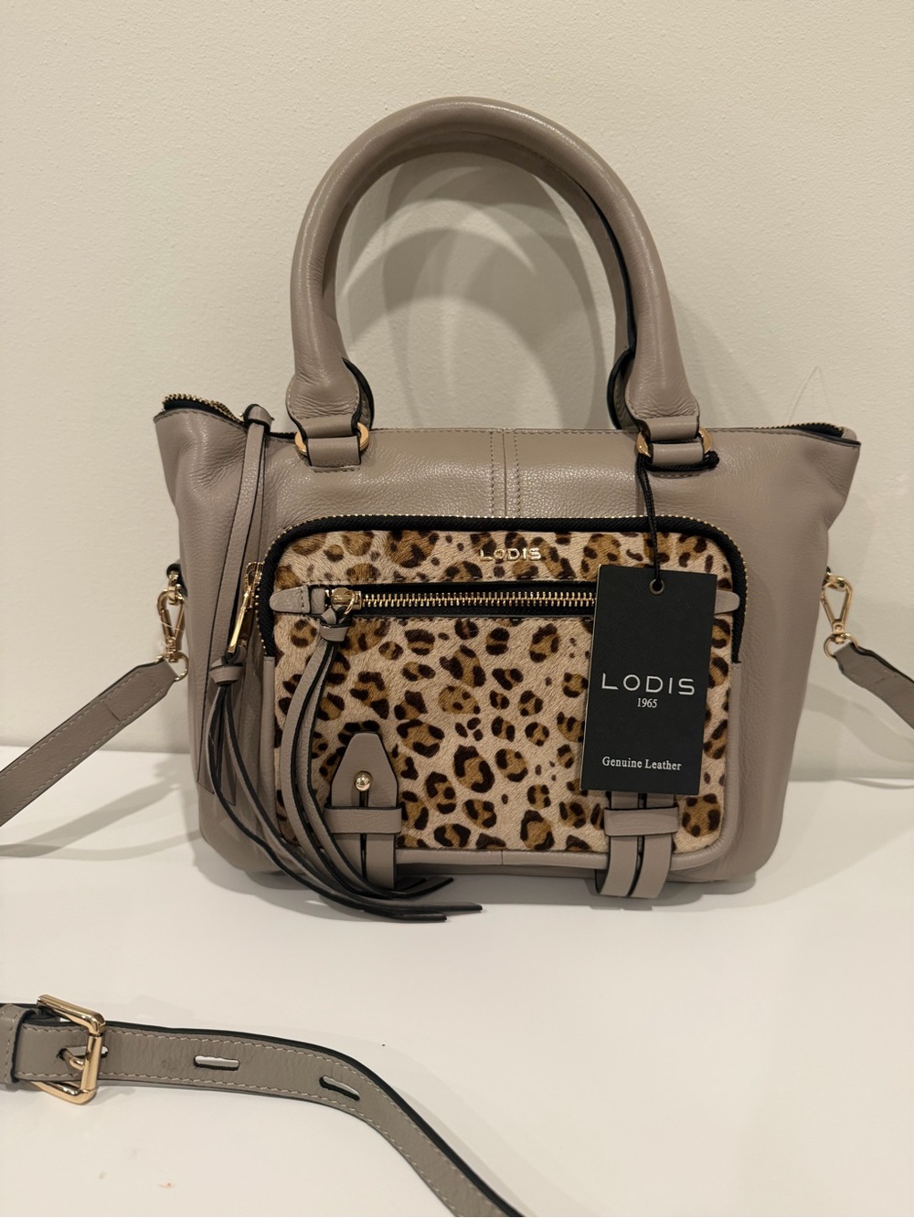 Lodis Taupe Leather Satchel with Leopard Accent